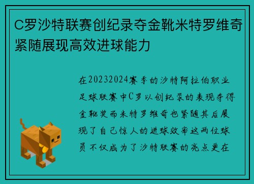 C罗沙特联赛创纪录夺金靴米特罗维奇紧随展现高效进球能力