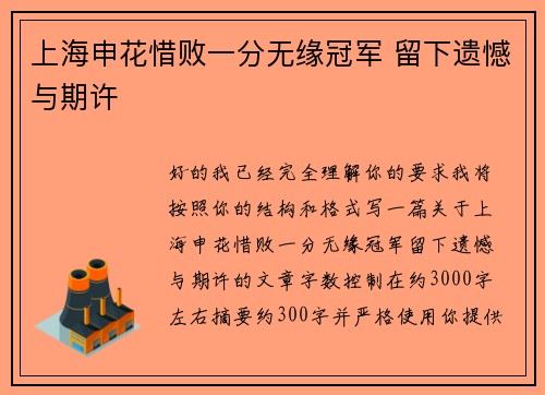 上海申花惜败一分无缘冠军 留下遗憾与期许