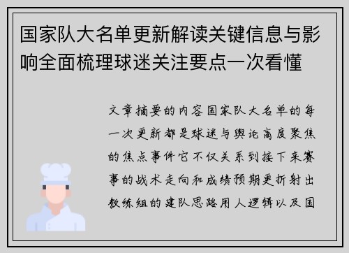 国家队大名单更新解读关键信息与影响全面梳理球迷关注要点一次看懂 国家队大名单更新解读关键信息与影响全面梳理球迷关注要点一次看懂