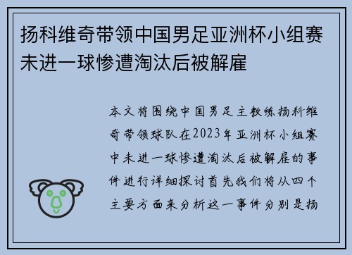 扬科维奇带领中国男足亚洲杯小组赛未进一球惨遭淘汰后被解雇