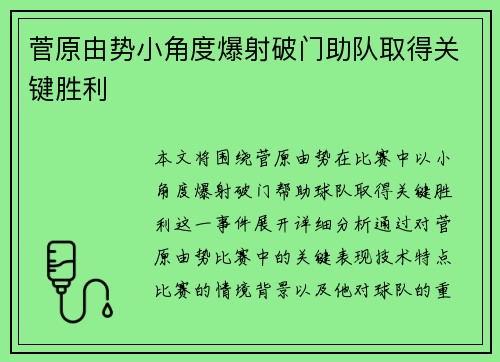 菅原由势小角度爆射破门助队取得关键胜利 菅原由势小角度爆射破门助队取得关键胜利
