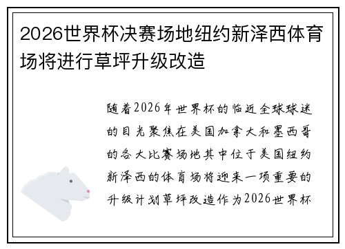 2026世界杯决赛场地纽约新泽西体育场将进行草坪升级改造