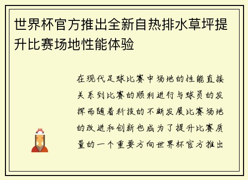 世界杯官方推出全新自热排水草坪提升比赛场地性能体验